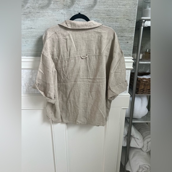 NWT new MEDIUM by Anthropologie button down linen shirt beach shell print tan - Picture 11 of 17